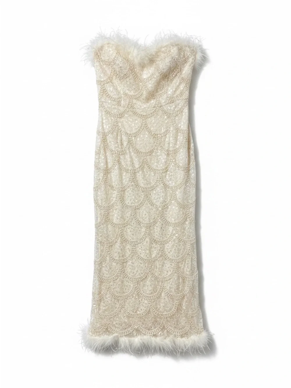 Lulus Uniquely Confident Cream Lace Feather Strapless Midi Dress Size Medium NWT - Picture 4 of 8